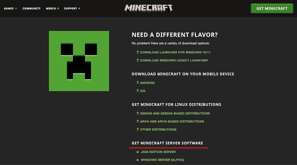 "Get Minecraft Server Software" section on the Minecraft site